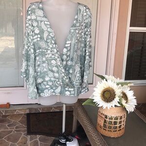 Daytrip Green Wrap Blouse with nell sleeves and open back